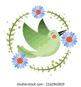 Einziger süßer Vogel auf floralem Rahmen Vektorgrafik