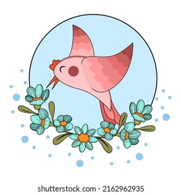 Pájaro lindo aislado en un marco floral Ilustración vectorial
