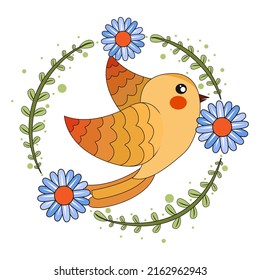 Pájaro lindo aislado en un marco floral Ilustración vectorial