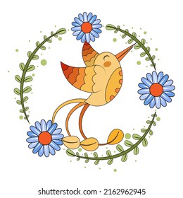 Pájaro lindo aislado en un marco floral Ilustración vectorial