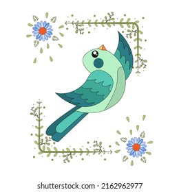 Isolated cute bird in a floral frame Vector illustration
