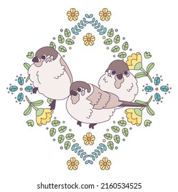 Isolated cute birds in a floral frame Vector illustration