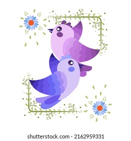 Isolated cute birds in love Floral frame Vector illustration
