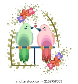 Isolated cute birds in love Floral frame Vector illustration