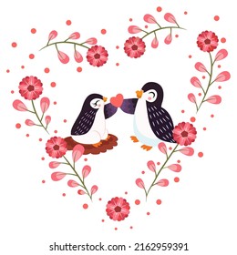 Isolated cute birds in love Floral frame Vector illustration