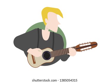 Isolated cute blonde man character playing a charango, small guitar. Musical instrument, andean South America music. Flat style vector illustration.