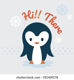 Isolated cute blue penguin on the pale blue background with snowflakes saying Hi There to everyone