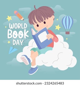 Isolated cute boy reading a book World book day template Vector illustration