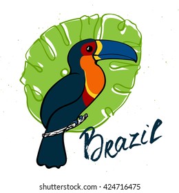Isolated cute bright toucan with dark feathers and blue beak sitting on the branch with monstera leaves and abstract bright flowers. Hand drawn lettering Brazil. Vector illustration
