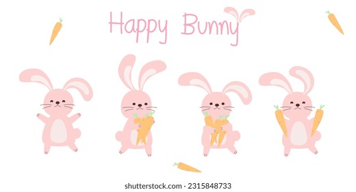 Isolated Cute bunny rabbit set. Baby  pink rabbit cartoon character Vector illustration flat design for decoration. Happy Rabbit holding carrots. 