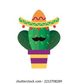 Isolated cute cactus with mexican hat and mustache cartoon icon Vector