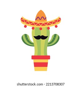 Isolated cute cactus with mexican hat and mustache cartoon icon Vector