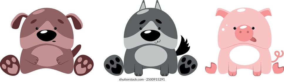 
Isolated cute cartoon animals on a transparent background. Brown dog. Gray wolf. Pink pig.