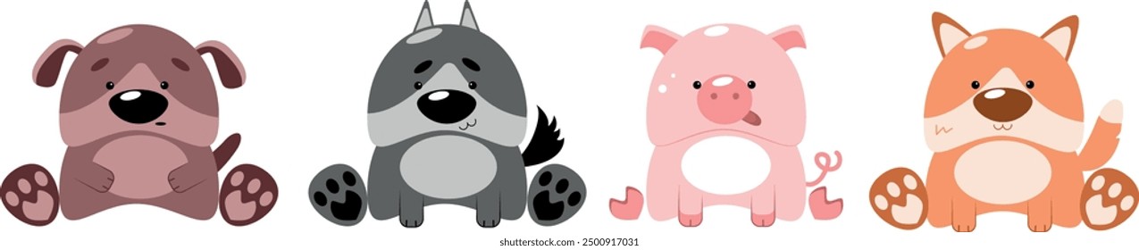 
Isolated cute cartoon animals on a transparent background. Brown dog. Gray wolf. Pink pig. Red fox.