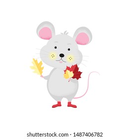 Isolated cute cartoon Mouse autumn leaves.  New Year card, t-shirt composition, handmade, animal symbol of 2020. Vector illustration