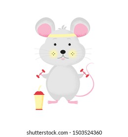 Isolated cute cartoon Mouse character with dummbbell doing sport. Dumbbell icon. Mouse in gym. Card, t-shirt composition, handmade, animal symbol of 2020. Vector illustration