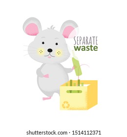 Isolated cute cartoon Mouse with empty bottle and box separate waste. Bottle icon. Mouse save ecology of planet. New Year card, t-shirt, handmade, live, animal symbol of 2020. Vector illustration