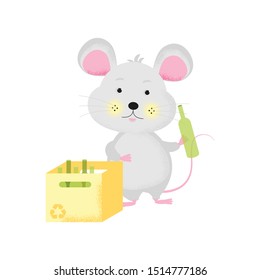 Isolated cute cartoon Mouse with empty bottle and box separate waste. Bottle icon. Mouse save ecology of planet. New Year card, t-shirt , handmade, live, animal symbol of 2020. Vector illustration