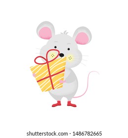 Isolated cute cartoon Mouse with gift. Mouse going to birthday. New Year card, t-shirt composition, handmade, animal symbol of 2020. Vector illustration