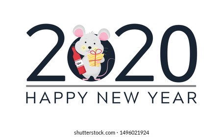 Isolated cute cartoon Mouse with gift and bottle of wine. Mouse going to holiday. New Year card, t-shirt composition, handmade, animal symbol of 2020. Vector illustration