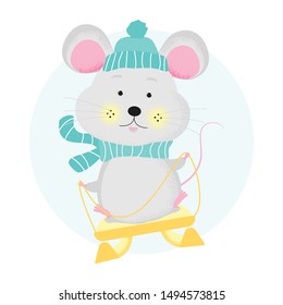 Isolated cute cartoon Mouse in green  scarf and hat doing sled on circle background. Mouse relax at winter. New Year card, Merry Christmas, animal symbol of 2020. Vector illustration