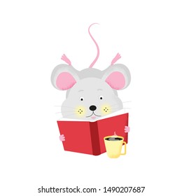Isolated cute cartoon Mouse reading a book with a cup of coffee. Mouse relax. Animal symbol of 2020. Vector illustration