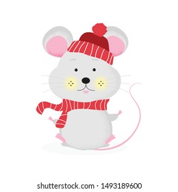 Isolated cute cartoon Mouse in red  scarf and hat sitting, background. Mouse relax at winter. New Year card, Merry Christmas, animal symbol of 2020. Vector illustration