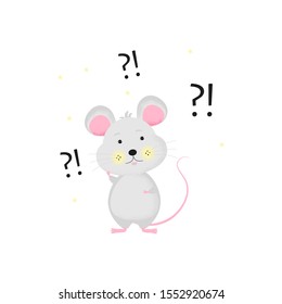 Isolated cute cartoon Mouse is thinking or solving the problem. New Year card, t-shirt, handmade, animal symbol of 2020. Vector illustration