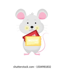 Isolated cute cartoon Mouse with ticket going to cinema. Ticket icon. Mouse with ticket. New Year card, t-shirt composition, handmade, animal symbol of 2020. Vector illustration