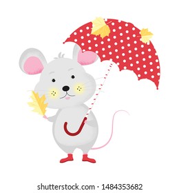 Isolated cute cartoon Mouse with umbrella and autumn leaves.  New Year card, t-shirt composition, handmade, animal symbol of 2020. Vector illustration