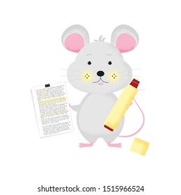 Isolated cute cartoon Mouse with yellow marker and paper. Marker icon. Mouse working with highlighter. New Year card, t-shirt composition, handmade, office, animal symbol of 2020. Vector illustration