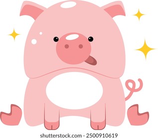 Isolated cute cartoon pig in pink color on transparent background with stars