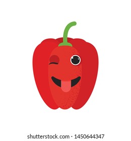 Isolated cute cartoon red pepper drawing. Organic paprica character vector illustration. Emoji. Winking Face With Tongue