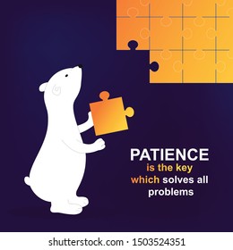 Isolated cute cartoon white bear solve a business problem. Animal with puzzle element. Fun bear thinking. Animal symbol of polar. Vector illustration