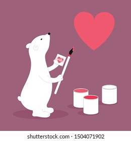 Isolated cute cartoon white bear with a paintbrush drawing a heart. Animal with photo element. Fun bear painting a picture concept. Animal symbol of polar and love. Vector illustration