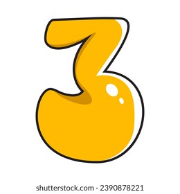 Isolated cute cartoon yellow number three. Icon. Clipart. Vector illustration.