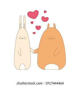 Isolated cute cartoony couple of rabbits holding their paws. Smiling cheerful bunnies in love with each other. Sweet flat minimalist design with heart elements for stickers, prints and postcards