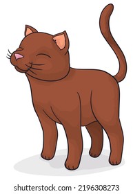 Isolated cute cat with closed eyes and brown fur in stand up position.