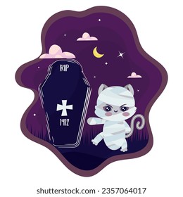 Isolated cute cat on mummy costume Halloween poster Vector