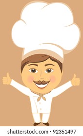 isolated cute cheerful smiling cook with hand showing thumb up