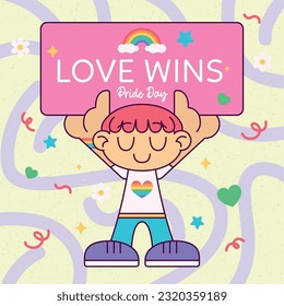 Isolated cute chibi character with love wins poster Pride month Vector illustration