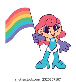 Isolated cute chibi drag queen character holding a lgbt flag Vector illustration