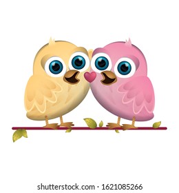Isolated cute chickens couple on a branch. Valentines day - Vector