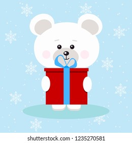 Isolated  cute christmas polar bear with red gift with blue bow in snow background in cartoon flat style. Vector illustration. 