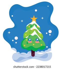 Isolated cute christmas tree cartoon character on winter background Vector