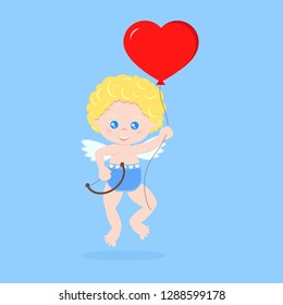 Isolated cute cupid in a floating pose with bow and red heart shape ballon on blue background in cartoon flat style. Happy Valentine's Day. Element for graphic design. Cartoon character illustration.