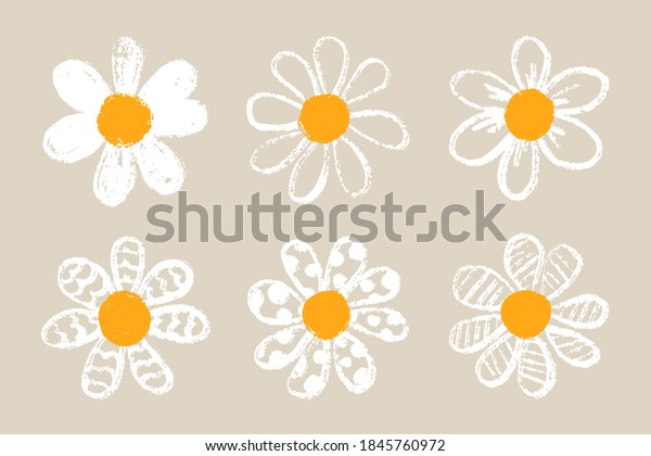 Isolated cute daisy flower set. Hand draw\
chamomile head. Yellow white floral marquerite in simple flat\
style. Vector printable\
Illustration