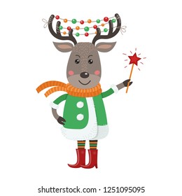 Isolated cute deer is dressed in winter clothes. Vector illustration for your design