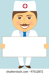 isolated cute doctor with poster on blue background