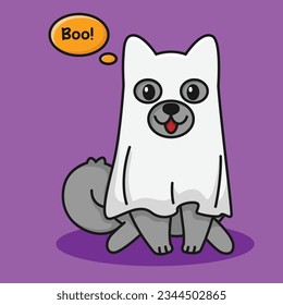 Isolated cute dog in ghost costume. Happy Halloween illustration. Vector image in cartoon style. It can be used for phone case, poster, t-shirt, mug and other design.